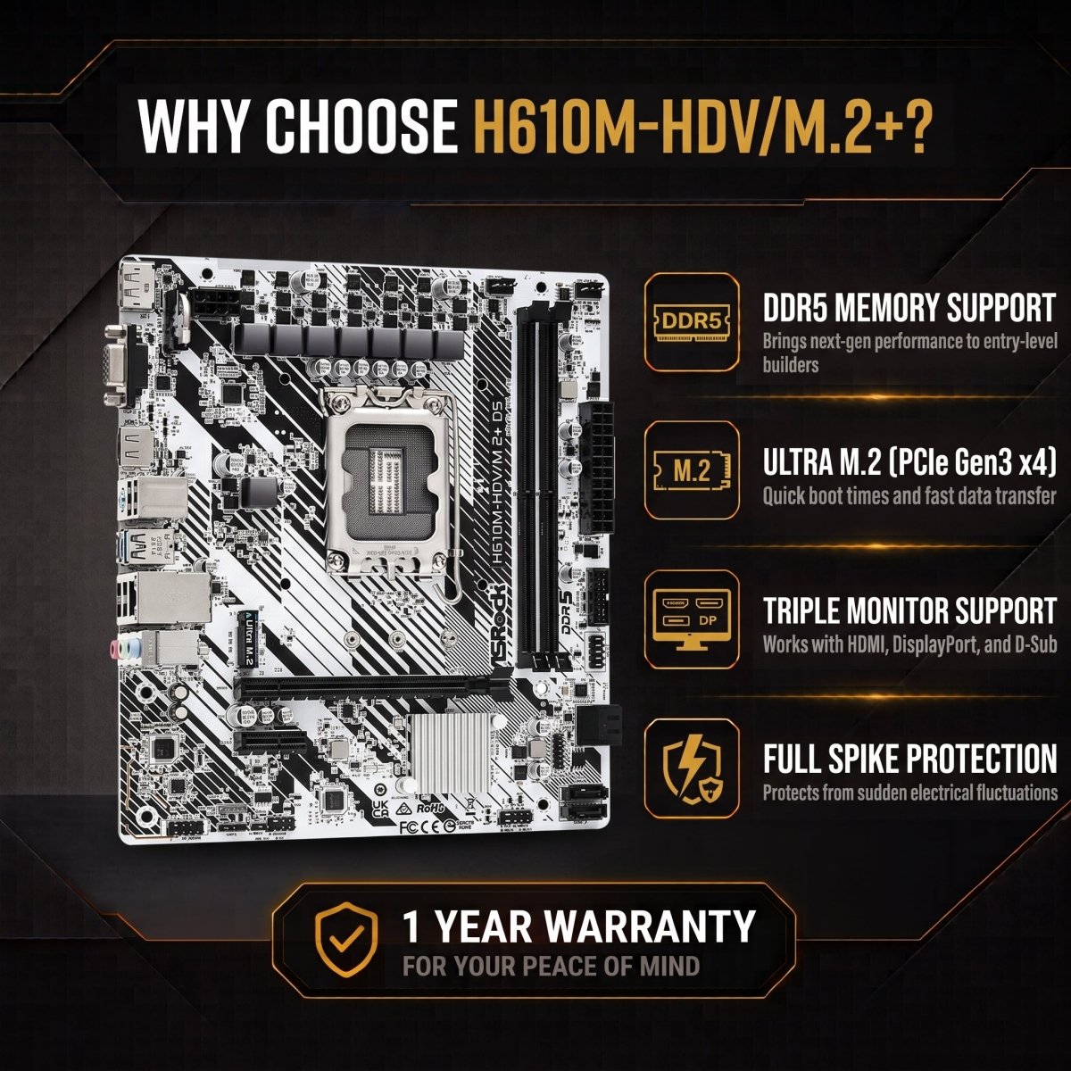 ASRock H610M-HDV/M.2+ LGA1700 mATX Motherboard - 4710483943478 - Vektra Computers LLC