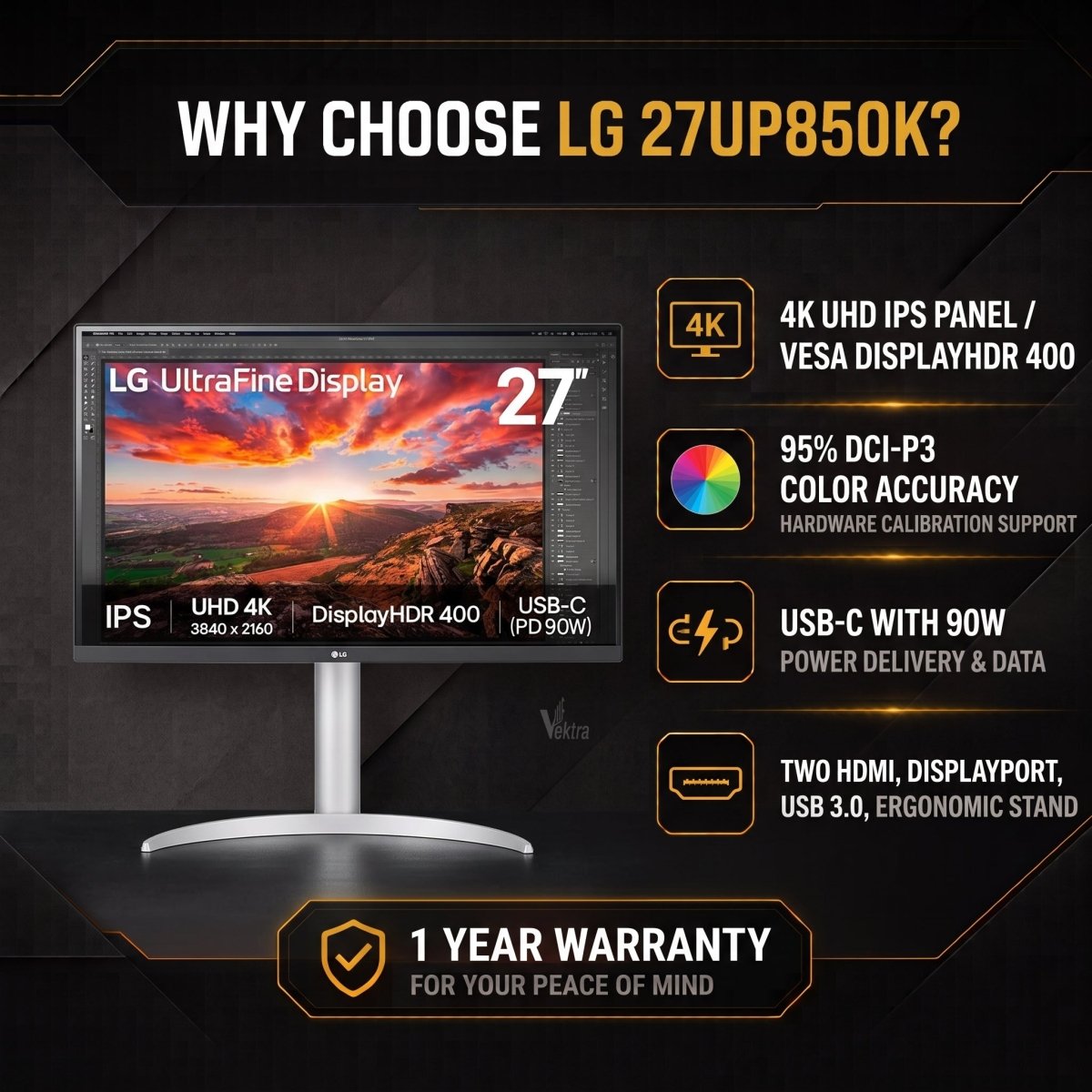 LG UltraFine 27UP850K 27" 4K UHD Monitor – IPS Display HDR 400 - - Vektra Computers LLC