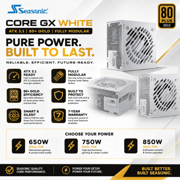Seasonic CORE GX White ATX 3.1 80+ Gold Fully Modular Power Supply - 4711173878704 - Vektra Computers LLC