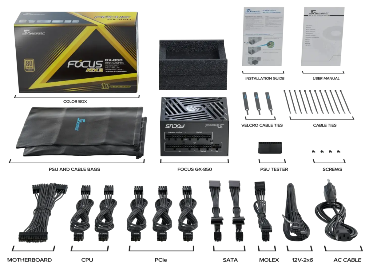 SEASONIC FOCUS GX ATX 3 (2024) GX - 850 850W ATX3.1 80 PLUS GOLD Certified Fully Modular Power Supply | SRP - FGX102 - A5A32SF - 4711173878438 - Vektra Computers LLC