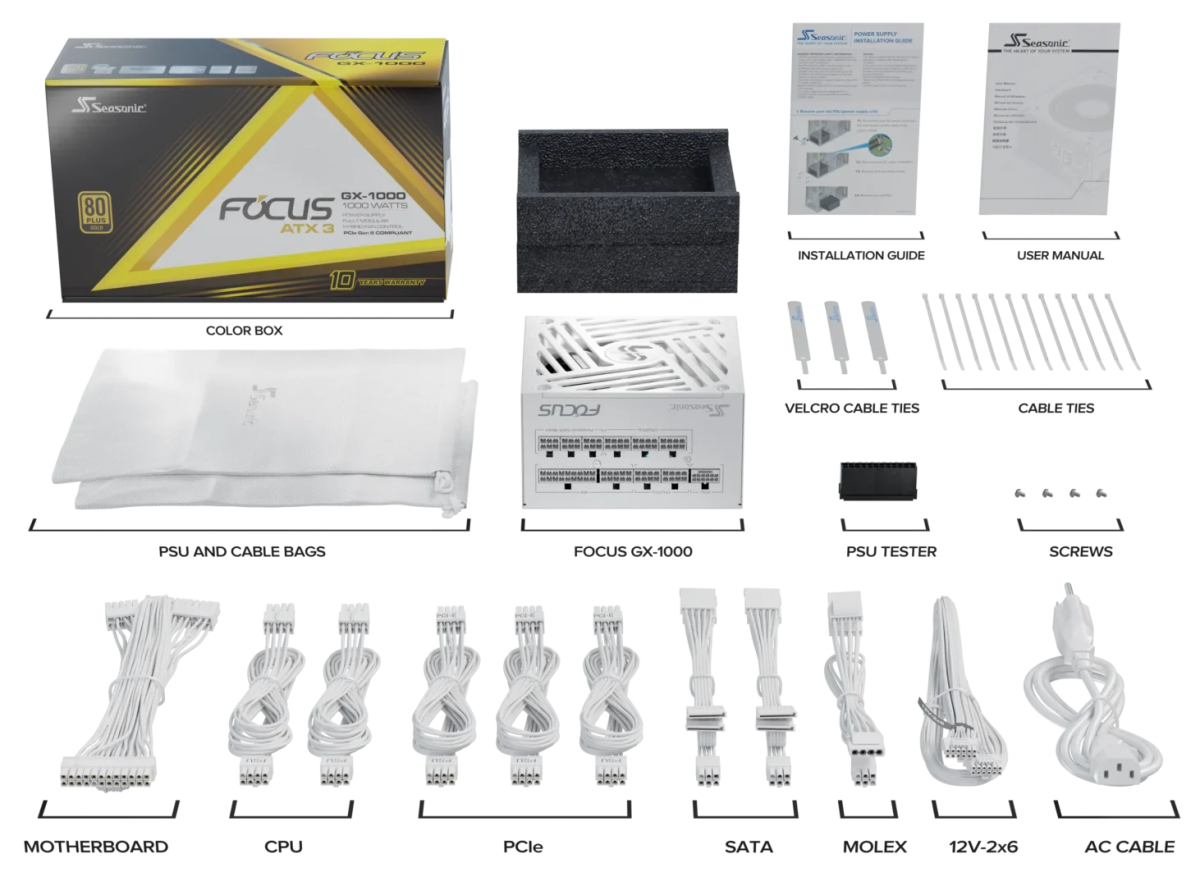 SEASONIC FOCUS GX White ATX 3.1 - 1000W Power Supply | SRP - FGX102 - A5A32SF - W - Vektra Computers LLC