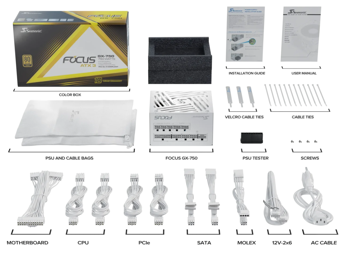 SEASONIC FOCUS GX White ATX 3.1 750W Power Supply | SRP - FGX751 - A5A32SF - W - Vektra Computers LLC