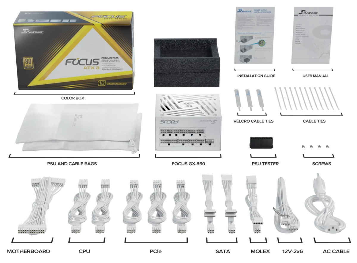 SEASONIC FOCUS GX White ATX 3.1 - 850W Power Supply | SRP - FGX851 - A5A32SF - W - Vektra Computers LLC