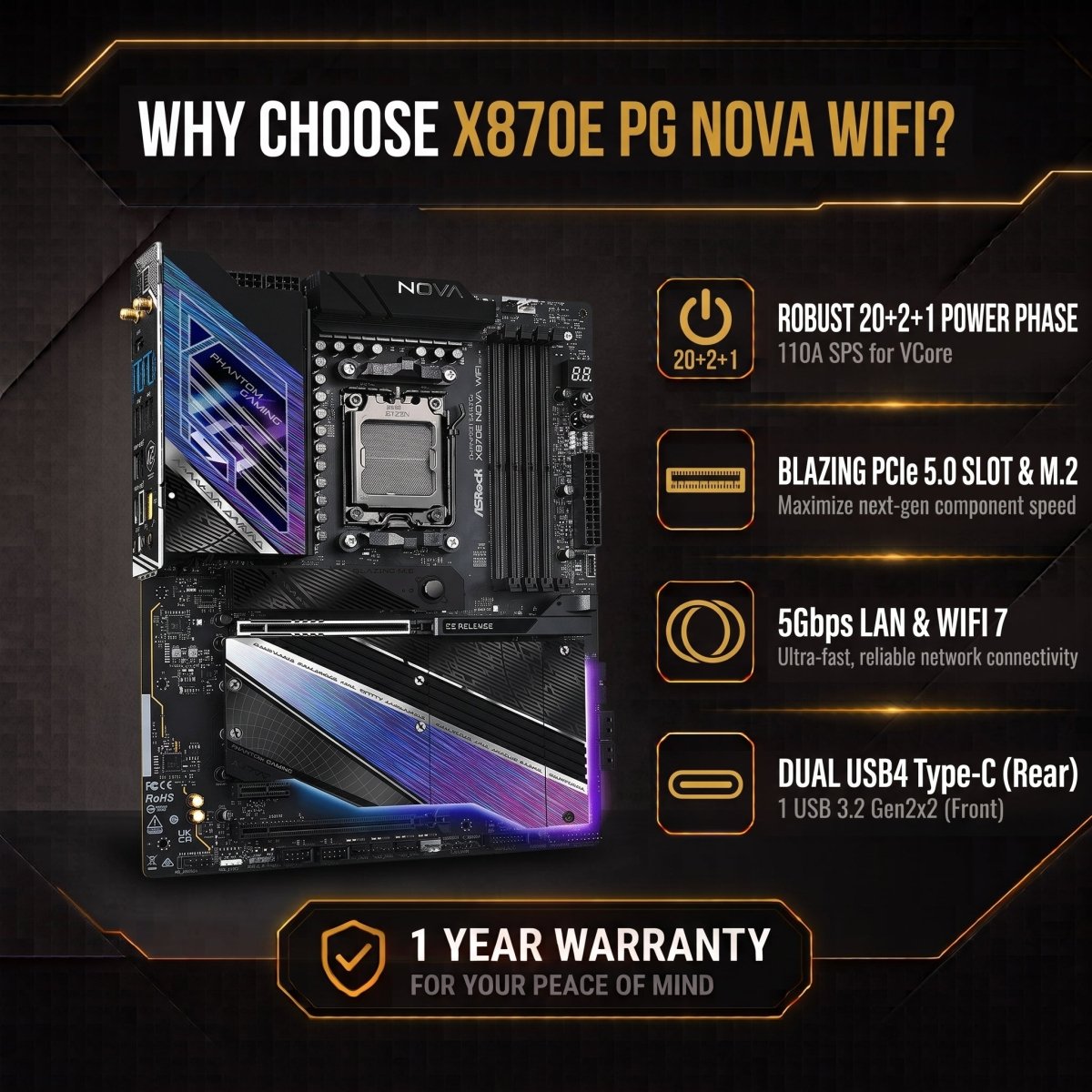 ASRock X870E PG Nova WiFi AM5 ATX Motherboard - 4710483949654 - Vektra Computers LLC