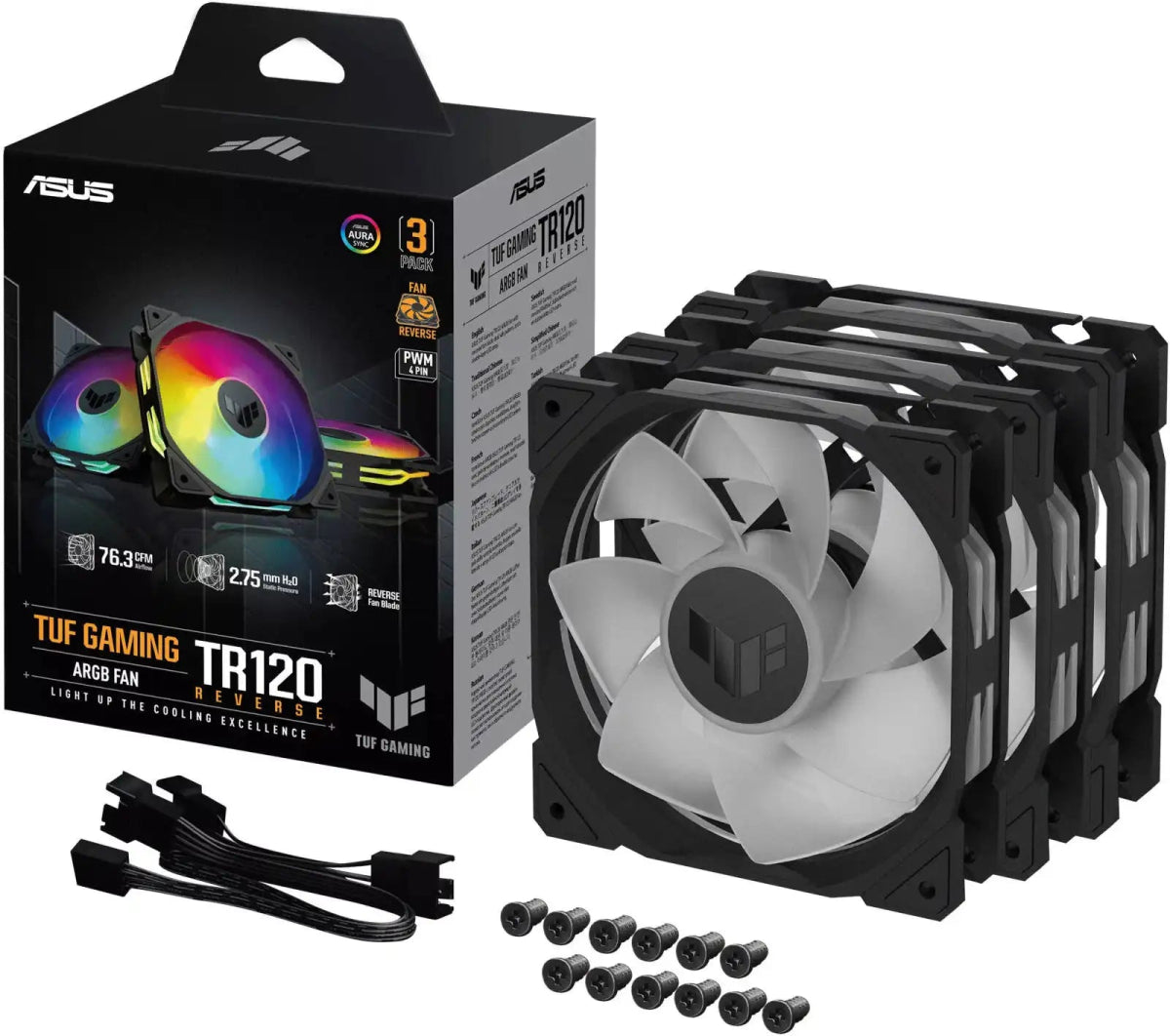 ASUS TUF Gaming TR120 ARGB Reverse Blade Fan, 120mm Fans, 2000 RPM Fan Speed, 76.3 CFM Fan Airflow, Hydraulic Bearing Type, AURA Sync, Triple Pack, Black | 90DA00D0 - B09020 - 4711387543436 - Vektra Computers LLC
