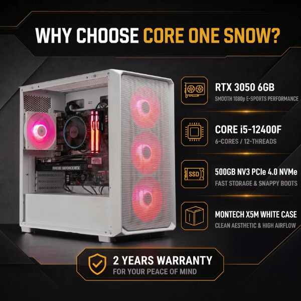 Core One Snow Gaming PC – Core i5 12400F + RTX 3050 6GB