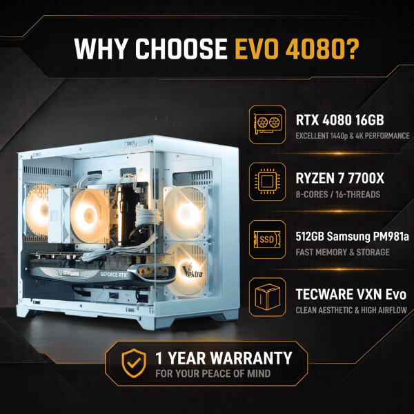 Evo 4080 Gaming PC – Ryzen 7 7700X + RTX 4080 16GB -  - Vektra Computers LLC
