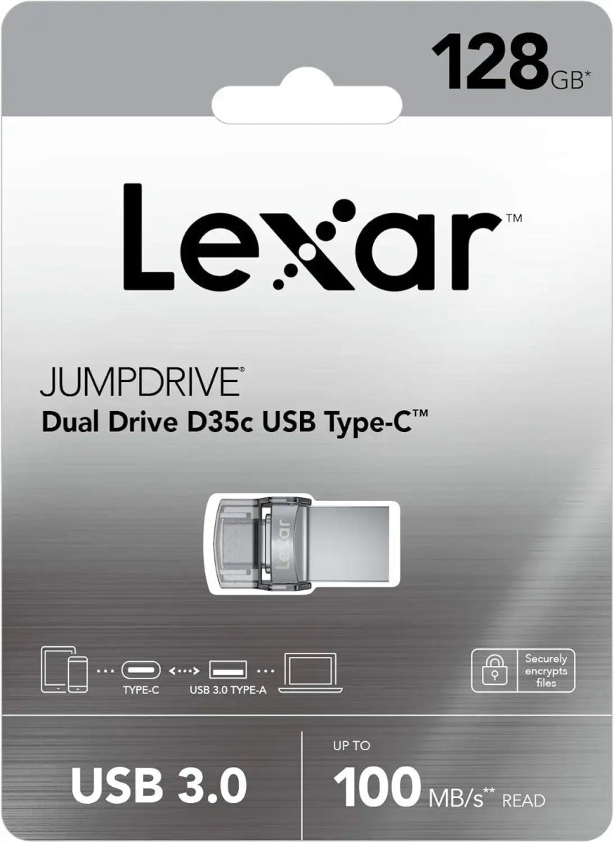 Lexar JumpDrive Dual Drive D35c USB 3.0 Type - C, 128GB Capacity, Up to 100Mbps Read, USB - C & USB - A Connectors, 256 - bit AES Encryption, Gray | LJDD35C128G - BNBNG - 843367121540 - Vektra Computers LLC