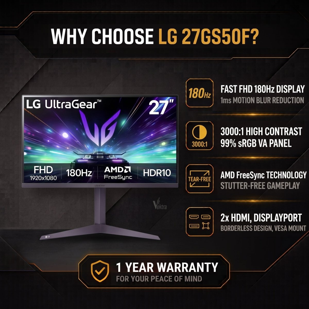 LG UltraGear 27GS50F 27" 1080p FHD 180Hz Monitor – VA - 8806096121191 - Vektra Computers LLC