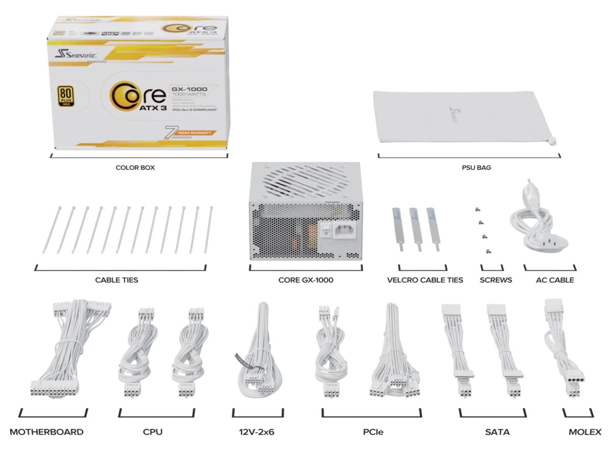 Seasonic CORE GX White Fully Modular 80+ Gold ATX 3.1 Power Supply - 4711173878728 - Vektra Computers LLC