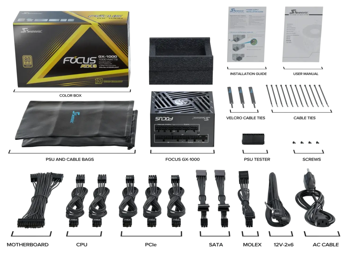 SEASONIC FOCUS GX ATX 3 (2024) GX - 1000 1000W ATX3.1 80 PLUS GOLD Certified Full Modular Power Supply | SRP - FGX102 - A5A32SF - 4711173878421 - Vektra Computers LLC