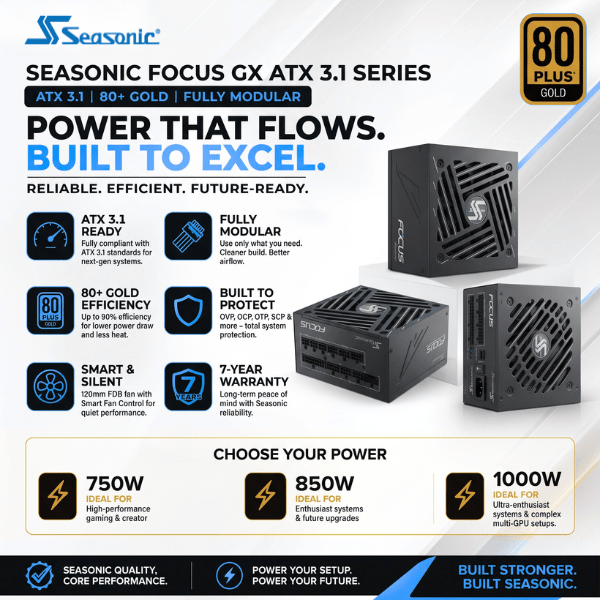 Seasonic FOCUS GX Series ATX 3.1 80+ Gold Fully Modular Power Supply - 4711173878445 - Vektra Computers LLC