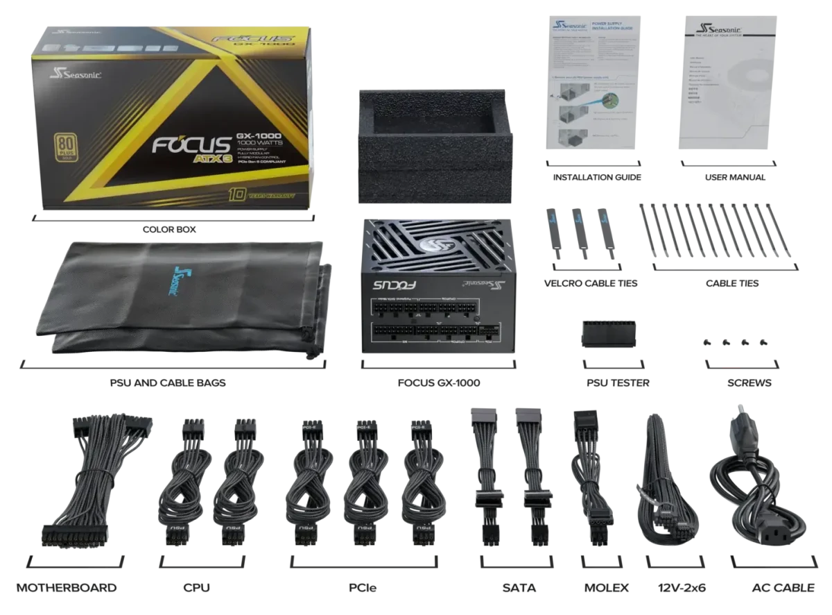 Seasonic FOCUS GX Series Fully Modular 80+ Gold ATX 3.1 Power Supply - 4711173878421 - Vektra Computers LLC