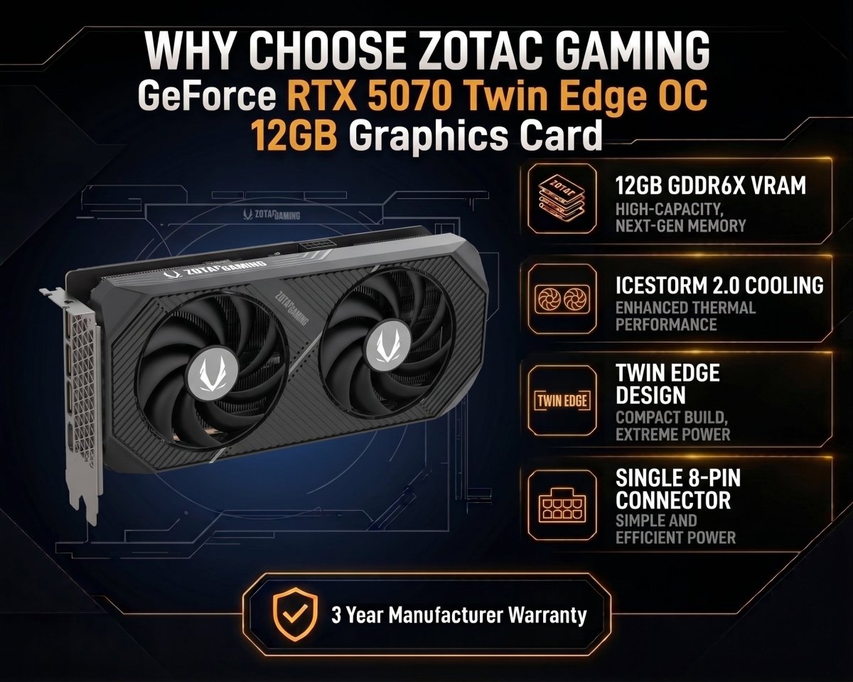 ZOTAC GeForce RTX 5070 Twin Edge OC 12GB Graphics Card - 8886307700667 - Vektra Computers LLC